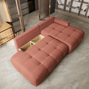 Masseno Narożnik FLUMA z funkcją spania i pojemnikiem na pościel Narozniki L, Rozkładana sofa - Koralowy, CASTEL 55