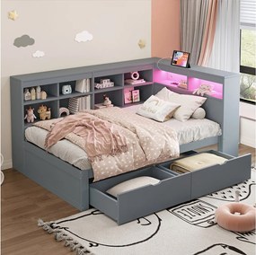 Sofa tapicerowana z funkcją spania - 90 x 200 cm - 2 szuflady - diody LED i gniazdka - ze schowkiem - tkanina flanelowa - szara