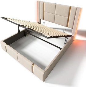 Łóżko ze schowkiem 140x200 cm - beżowy len - łóżko dla dorosłych z funkcją ładowania LED i USB - bez materaca