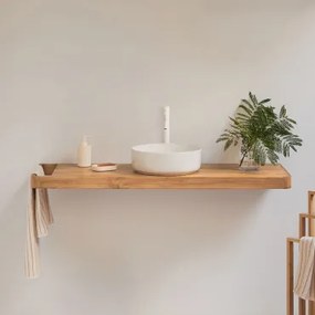 Zestaw Mebli Łazienkowych 130x45 Cm Wiszący Z Drewna Tekowego Neill Drewno Tekowe & Okrągły Ceramiczny Biały Ø40 Cm Lenka & Bezlusterkowiec & Biała ↑3