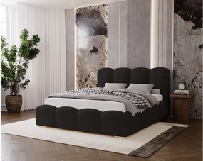 BESILIO Łóżko tapicerowane 140x200 Fluffy – łóżko chmurka boucle, z pojemnikiem na pościel i stelażem, gruba pianka, nowoczesne łóżko do sypialni – Czarny