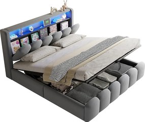 Łóżko z pojemnikiem tapicerowane 180x200 - Podwójne - z USB + Type-C - z oświetleniem LED - Aksamit - Szary (materac nie jest w zestawie)