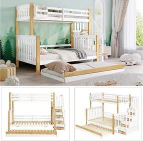 Łóżka piętrowe 120 x 200 cm + 90 x 200 cm z łóżkiem wysuwanym 90 x 190 cm - 4 szuflady i drążki - Drewno lite + MDF - Biały + naturalny