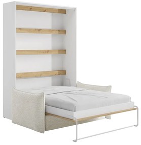 Łóżko chowane w szafie 140 x 200 cm - Otwierane pionowo ręcznie - Z oświetleniem LED - Białe i naturalne + Kanapa - RAPILI