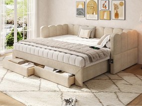 Tapicerowana sofa z łóżkiem 90x200cm - z Wysuwane łóżko - z 2 szufladami i portem USB - Tkanina szenilowa - Beżowy​ (materac nie jest wliczony)