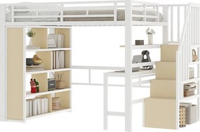 Łóżko piętrowe dla dzieci - 140 x 200 cm - rama żeliwna - z biurkiem + regał + diody LED + drabinka - metalowe - białe