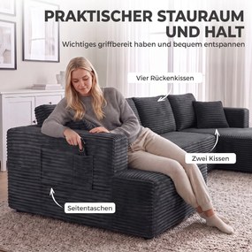 HOMCOM Modułowa sofa w kształcie U z 2 szezlongami, sztruksowa sofa rozkładana z pianką o wysokiej gęstości i sprężynowym wypełnieniem, Ciemnoszara | Aosom PL