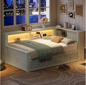 Drewniana sofa dziecięca z funkcją spania - 90 x 200 cm - z półką do przechowywania + 3 szuflady + diody LED - płyta MDF + sklejka - szara