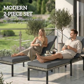 Outsunny Zestaw 2 rattanowych leżaków ogrodowych z 5-stopniowym regulowanym oparciem, do 120 kg, jasnoszary | Aosom PL