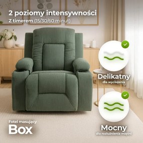 Fotel Masujący BOX Rozkładany Wypoczynkowy z Podnóżkiem Zielony Sztruksowy Nowoczesny