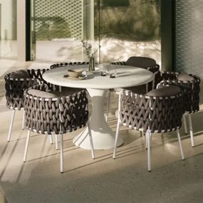 Zestaw Okrągłego Stołu Ø120 Cm Z Betonu Eloria I 6 Krzeseł Ogrodowych Z Aluminium I Plecionej Liny Tevary Biała - Sklum