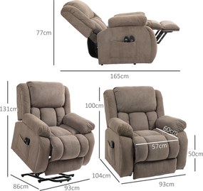 HOMCOM Fotel telewizyjny z masażem i funkcją ogrzewania, elektryczny fotel z funkcją podnoszenia, pilot, boczne kieszenie, Jasnobrązowy