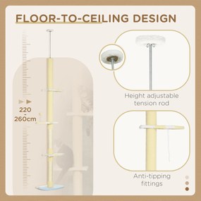 PawHut Regulowany drapak z antypoślizgiem, słupkami z sizalu, 220-260W x 47D x 34S cm, Żółty/Biały/Niebieski