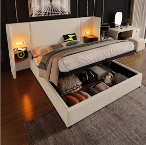 Łóżko z pojemnikiem 160x200 cm - z zagłówkiem, schowkiem, USB/Typ-C, na stelażu - len - beżowy - bez materaca