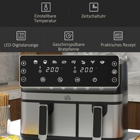 Frytkownica HOMCOM, 2700W, 8 funkcji, 41,8 cm x 39,2 cm x 31,1 cm, Czarna i Srebrna