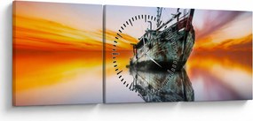Obraz - Wschód słońca nad wrakiem łodzi (z zegarem) (90x30 cm)