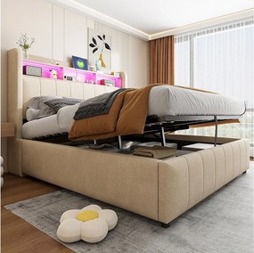 Podwójne tapicerowane łóżko ze schowkiem - 140 x 200 cm - z diodami LED + portem USB - zagłówek ze schowkiem - Tkanina lniana - Beżowe