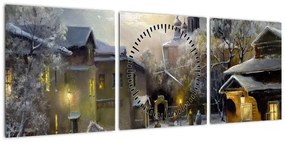 Obraz - Zimowa wioska (z zegarem) (90x30 cm)