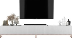 Szafka RTV z 8 drzwiami – Korpus Biały mat, frezowane fronty Biały mat – 300 cm, metalowy stelaż