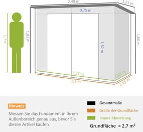 Outsunny Metalowy domek ogrodowy, domek na narzędzia, podwójne drzwi, 249 x 121 x 166/183cm, jasnoszary | Aosom PL