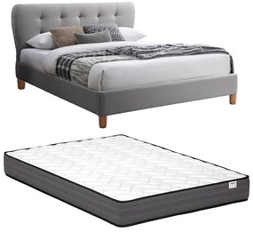 Łóżko 140 x 190 cm z pikowanym zagłówkiem  - Tkanina - Szare + Materac - ELIDE