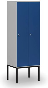 Drewniana szafa ubraniowa z podstawą, 2-drzwiowa, 1871 x 600 x 500 mm, demontaż, zamek cylindryczny, szary/niebieski