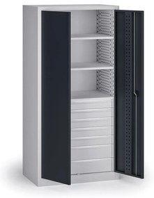 Szafa warsztatowa na narzędzia KOVOS, 3 półki, 7 szuflad, perforowana, 950 x 600 x 1950 mm, grafitowy