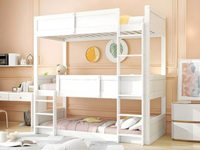 Łóżko piętrowe 3x90x200 cm z litego drewna - z 2 stelażami na listwy - Białe