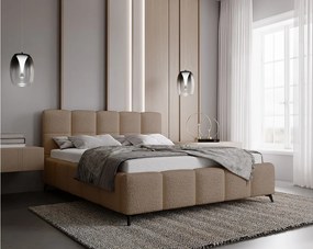 Emporius Kastilo łóżko dwuosobowe 200x200 z pojemnikiem, łóżko tapicerowane, stelaż, tkanina boucle, beżowy (Anthology 4)