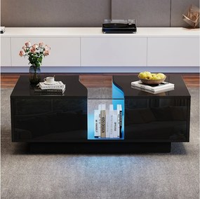 Prostokątny stolik kawowy, czarny stolik kawowy z oświetleniem LED i 2 szufladami, materiał MDF, do salonu i sypialni