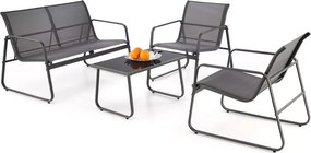 Zestaw ogrodowy Milagros – elegancka sofa, dwa fotele i szklany stolik kawowy z stalową ramą na taras i do ogrodu”