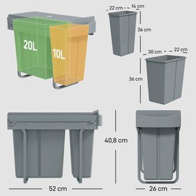 HOMCOM Wysuwany kosz na śmieci, kuchenny pojemnik na odpady z 2 wyjmowanymi kubełkami, uchwyt, 30 litrów (20 l+10 l), metal, szary