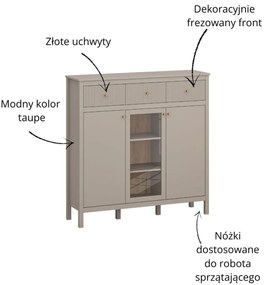 Komoda Przeszklona z Szufladami SELVIO 134 cm Taupe Ryflowana Nowoczesna
