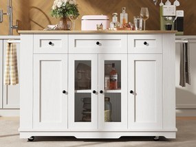 Wyspa kuchenna - wózek na kółkach z rozsuwanym blatem - 3 szuflady i 6 półek - Biały