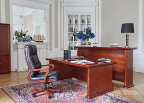 Klasyczny skórzany fotel do biura wygodny ze skóry naturalnej Ambassador. Podłokietniki i rama z drewna, skórzana tapicerka dostępna w kolorach czarnym, brązowym i kremowym. Meble klasyczne gabinetowe.