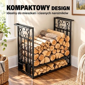 Stojak na drewno kominkowe HOMCOM z akcesoriami, regał na drewno, podstawka na drewno kominkowe, narzędzia kominkowe, Stal Czarny 75 x 30 x 60 cm