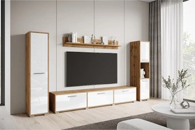 Nowoczesna meblościanka zestaw wisząco-stojący, szafka RTV 180 cm, 2 słupki, półka, korpus Dąb Wotan mat fronty biały połysk