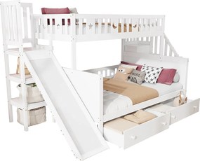 Łóżko piętrowe 90x200 + 140x200 cm - lite drewno - z prowadnicą, półką i 2 dużymi szufladami - Białe