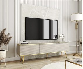 Szafka RTV z beżowymi listwami, złote nóżki, 135 x 30 x 52 cm, Push to Open