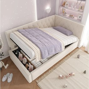 Łóżko 90 x 190 cm z pojemnikiem - Łóżko dziecięce z oparciem i drewnianym stelażem - Beżowy aksamit - Bez materaca