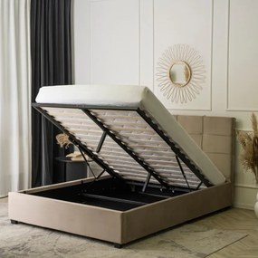 Łóżko Tapicerowane 160x200 cm ze Stelażem i Pojemnikiem Dwuosobowe TINGA Welurowe Beżowe Sypialniane