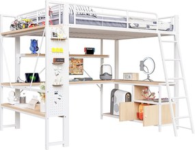 Łóżko na antresoli 140x200 cm - Konstrukcja stalowa - Oświetlenie LED - Biurko z półką - Port USB - Biały​ (materac nie jest wliczony w cenę)