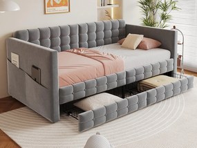 Rozkładana sofa 90x190 cm - z 2 szufladami - tkanina welurowa - szary (materac nie jest wliczony w cenę)