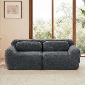 Modułowa Sofa 2-osobowa w tkaninie pluszowej, z 2 poduszkami, siedzenie ekstra głębokie 75cm, 204x104x73cm, Szary