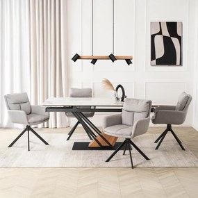 Zestaw Stół Rozkładany Ceramiczny REX 2 180-240 cm Biały Marmur/Czarny i 4 Krzesła Tapicerowane PAUL Szare Nowoczesne