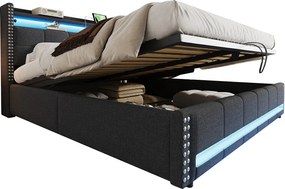 Podwójne tapicerowane łóżko ze schowkiem - 180 x 200 cm - z diodami LED + USB + zagłówek ze schowkiem - len + metal + sklejka + MDF - szary