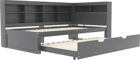Leżanka 90x200 cm z wysuwanym łóżkiem i półką do przechowywania, portem USB - szara - bez materaca