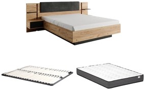 Łóżko z szafkami nocnymi160 x 200 cm - Z diodami LED - Kolory: Naturalny i Antracyt + Stelaż + Materac - ELYNIA