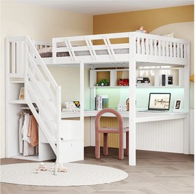 Łóżko piętrowe dla dzieci - 140 x 200 cm - ze schodkami do przechowywania + biurko + port USB + diody LED - drewno - białe