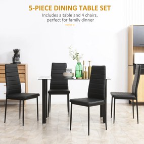 HOMCOM 5-częściowy Zestaw Jadalny Zestaw Stołowy Stół z 4 Krzesłami, nowoczesny design, stół z blatem z hartowanego szkła, Czarny